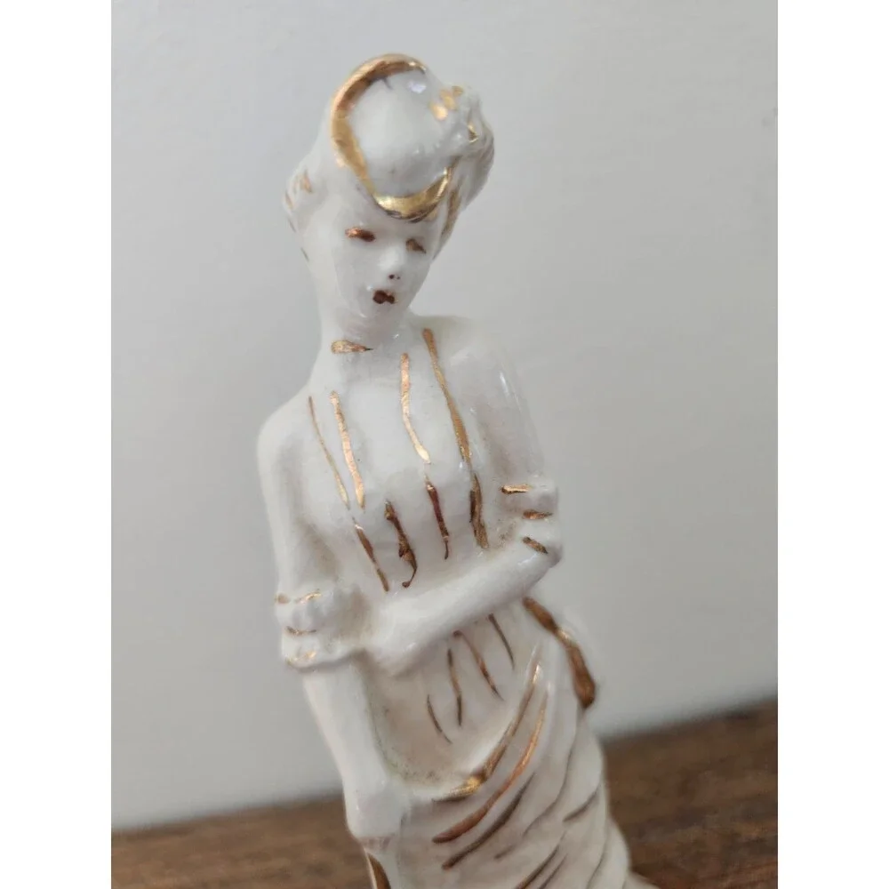 Pair of Vintage Midcentury Ceramic Lady Figurines with Parasols Cream and Gold